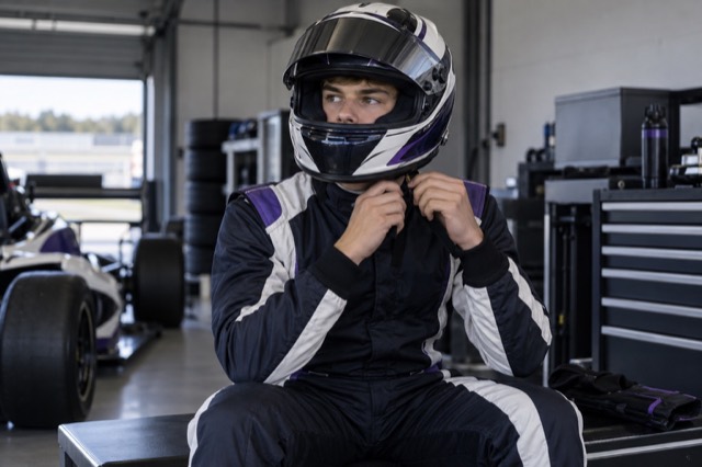 A junior racing driver fastening a helmet before a track session